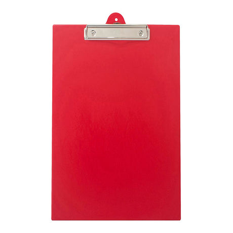 Durable red PVC clipboard with strong clip and pull-out hook, perfect for organizing documents in office or classroom.