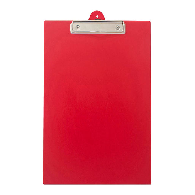 Durable red PVC clipboard with strong clip and pull-out hook, perfect for organizing documents in office or classroom.