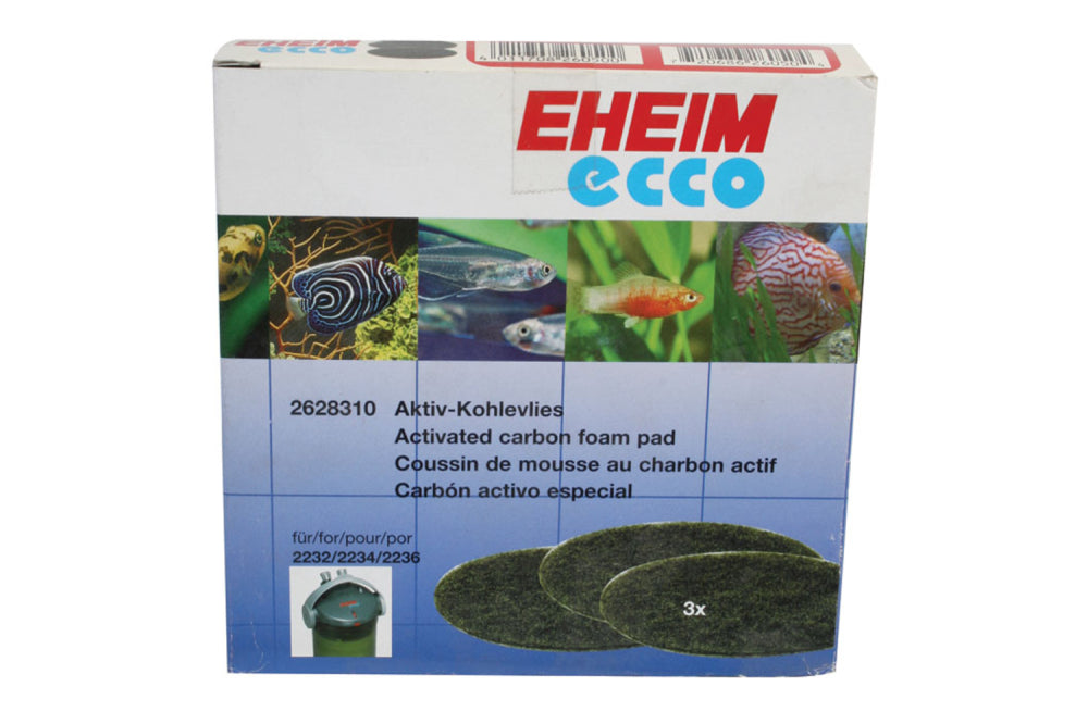 Eheim Ecco Pro Carbon filter pads remove impurities for clear, healthy aquarium water; pack of three for durable filtration.