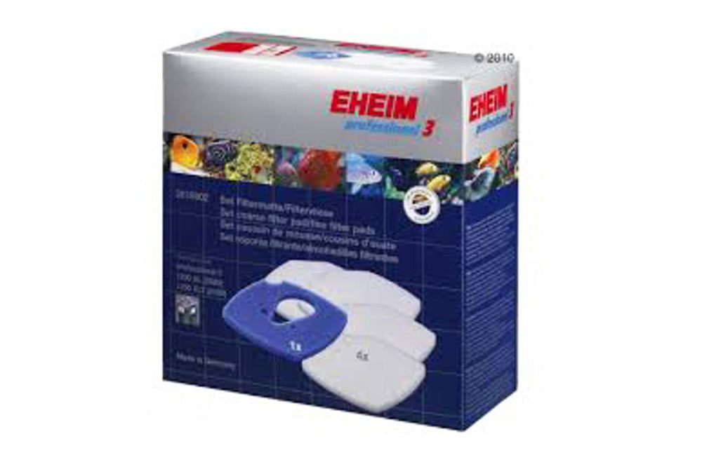 Eheim 2080 filter pads set with 4 white for debris removal and 1 blue for biological filtration, ideal for clear, healthy aquariums.