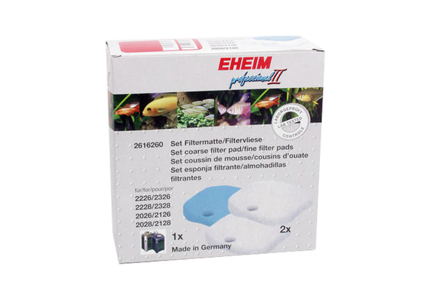 Eheim 2026/28 filter pads set with 2 white pads for debris capture and 1 blue pad for biological filtration, enhancing aquarium health.