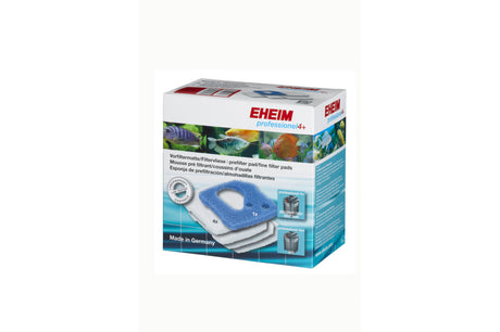 Four white and one blue Eheim Pro 4+ filter pads for enhanced aquarium filtration and water clarity.