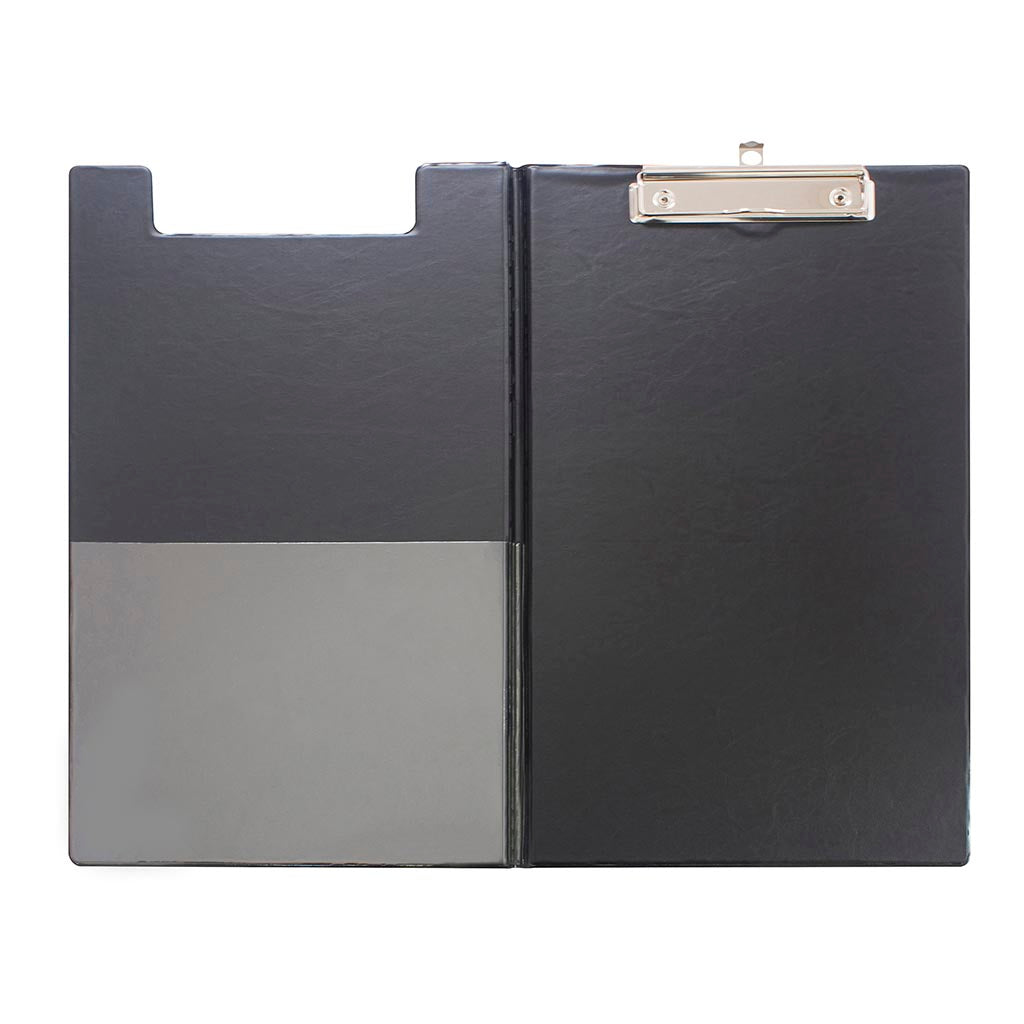 Durable black double-sided clipboard with internal pocket for storage and strong clip, perfect for organization on the go.