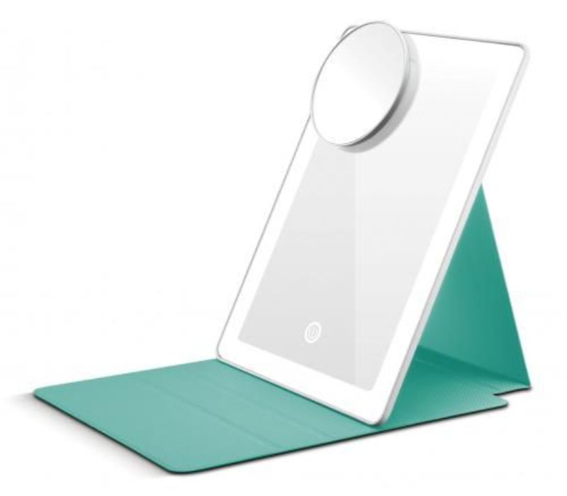 Reflections Tablet Mirror with adjustable LED lighting, 1x/5x magnification, portable design, and rechargeable functionality.