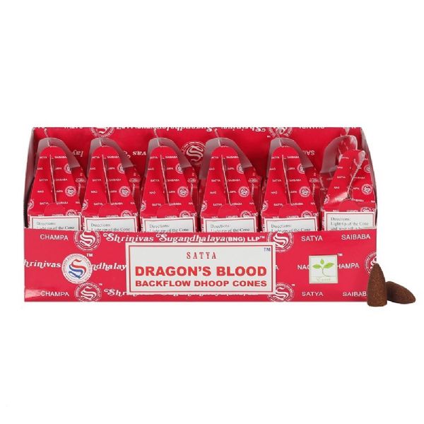 Six packets of Satya Dragon's Blood backflow incense cones, featuring rich aroma and mesmerizing downward smoke effects.