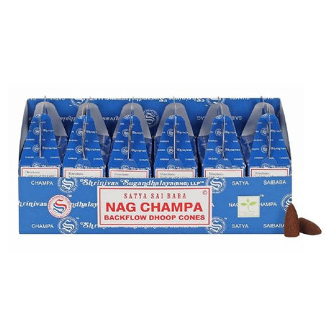 Satya Nag Champa Backflow Incense Cones pack of 6, featuring 24 cones for relaxing aromas and mesmerizing smoke displays.