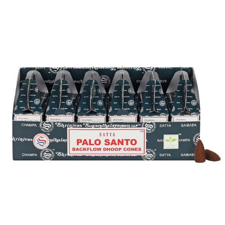 Satya Palo Santo backflow incense cones in a pack of 6, each with 24 aromatic cones for a serene ambiance and enchanting smoke displays.