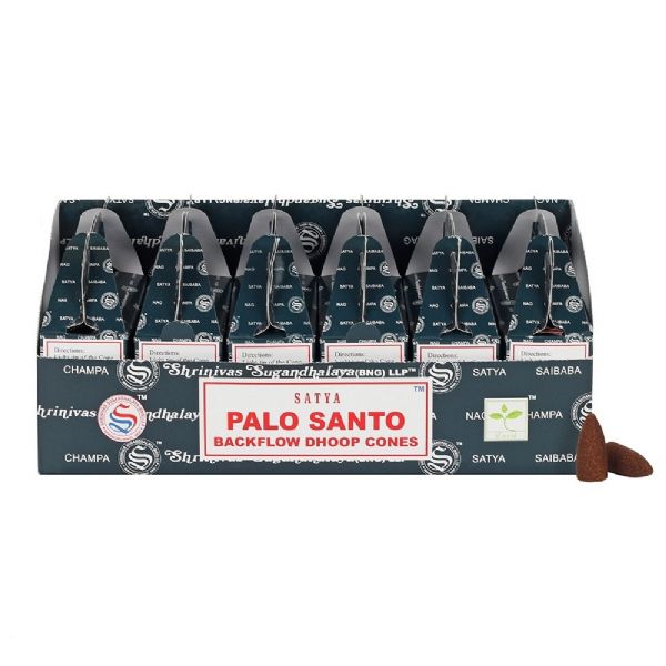 Satya Palo Santo backflow incense cones in a pack of 6, each with 24 aromatic cones for a serene ambiance and enchanting smoke displays.