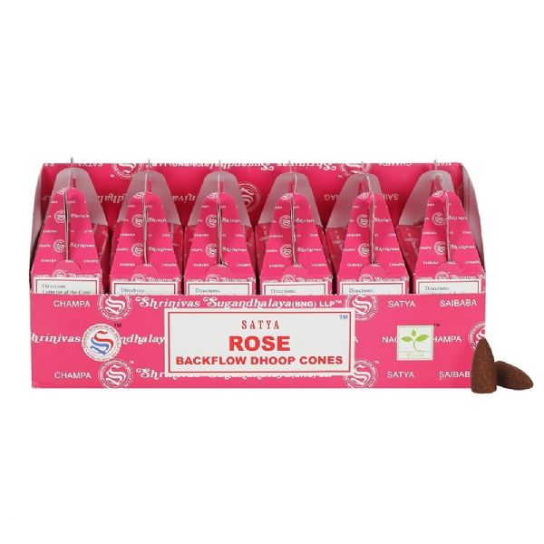 Satya Rose Backflow Incense Cones in a display box, featuring 6 packs with 24 cones, ideal for relaxation and meditation.