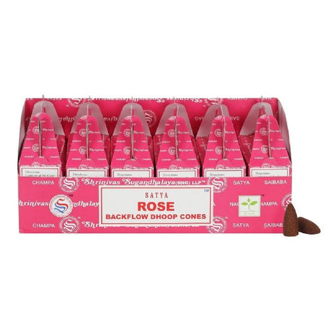 Satya Rose Backflow Incense Cones in a display box, featuring 6 packs with 24 cones, ideal for relaxation and meditation.