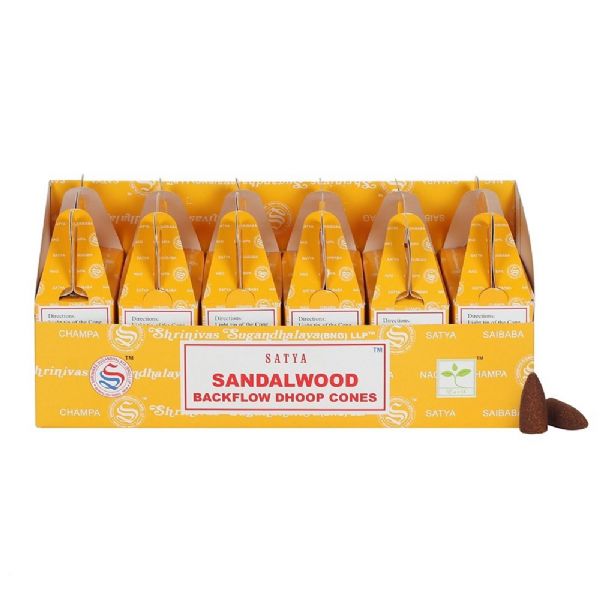 Satya Sandalwood Backflow Incense Cones in a box, featuring 6 packs of 24 cones for a calming, aromatic experience.