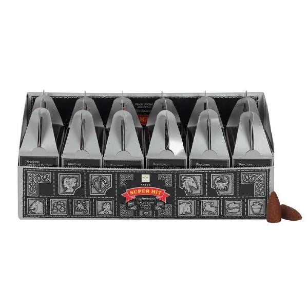 Satya Super Hit Backflow Incense Cones in 6 packs, creating soothing scents and mesmerizing smoke displays for relaxation.