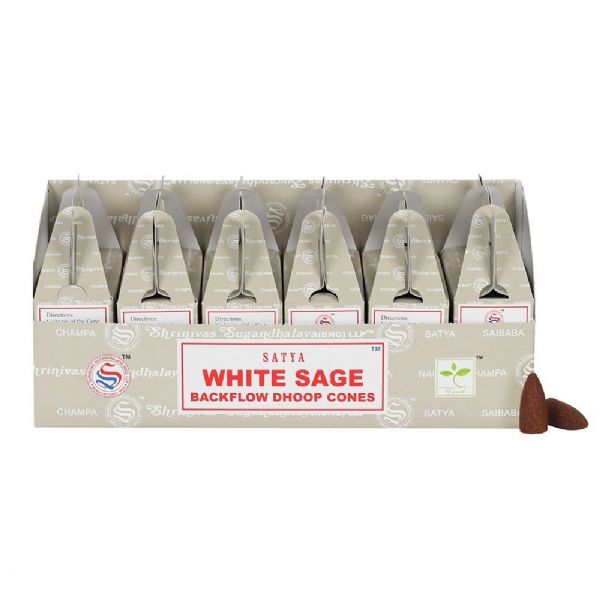 Satya White Sage Backflow Incense Cones in a box of 6 packs, designed for cleansing and creating mesmerizing smoke displays.