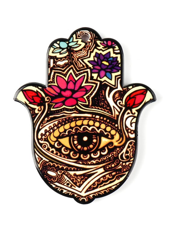 Ceramic Hamsa Hand wall hanging, 22.5cm, features vibrant colors and intricate details, perfect for boho decor and positive energy.