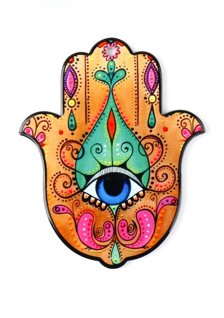 Ceramic Hamsa Hand wall hanging in vibrant colors, 22.5cm, ideal for boho decor and as a symbol of protection.