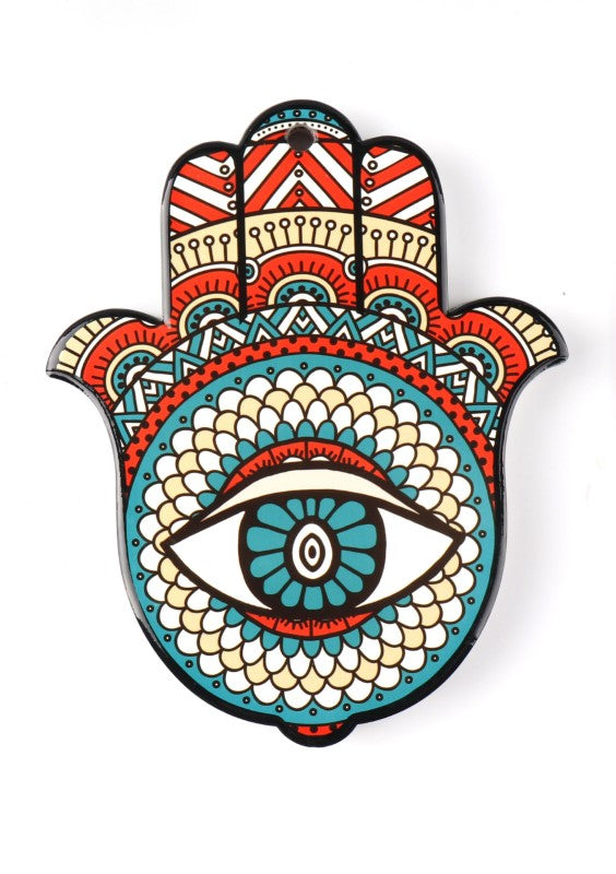 Ceramic Hamsa Hand decor piece (22.5cm) with bohemian designs for protection and style, ideal as a wall hanging or coaster.