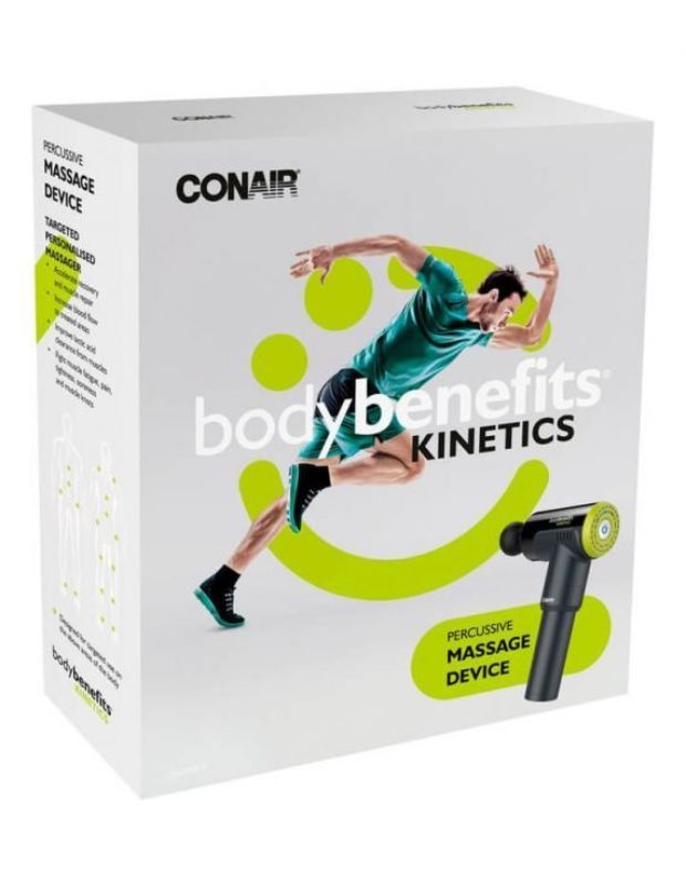 Conair Body Benefits Kinetics Percussive Massage Device with interchangeable heads, cordless design, and customizable speed settings.