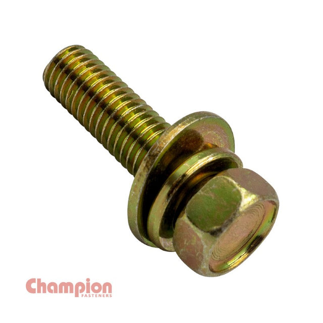 Champion M6 x 12mm Sems Hex Bolts with washers in a 50-pack, perfect for durable fastening in various applications.