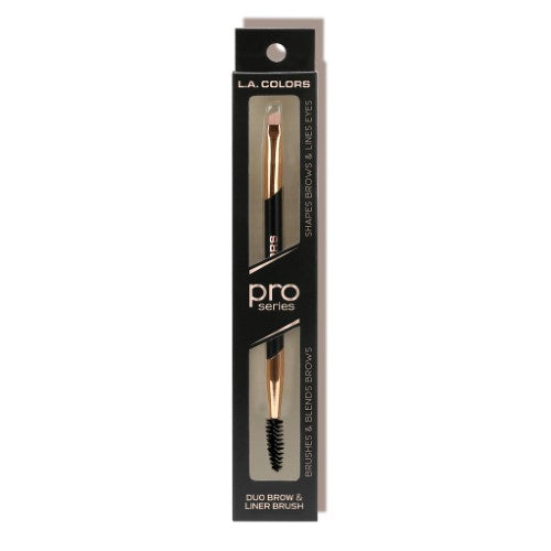 Dual-ended brow and liner brush with angled tip and spoolie for precise eyebrow shaping and eyeliner application.