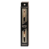 Dual-ended brow and liner brush with angled tip and spoolie for precise eyebrow shaping and eyeliner application.