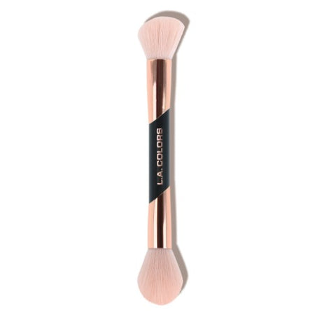 Multi-use face brush with a soft angled side for powders and a fluffy dome for blending, in elegant black and rose gold design.