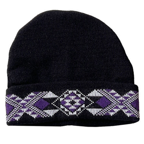 Cozy black, blue, and white wool beanie featuring a stylish purple taniko design, perfect for chilly seasons.