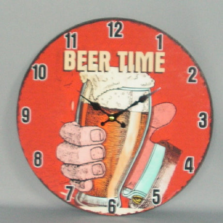 Vintage wooden wall clock measuring 34cm, featuring "It's Beer O'clock", perfect for kitchens and bars.