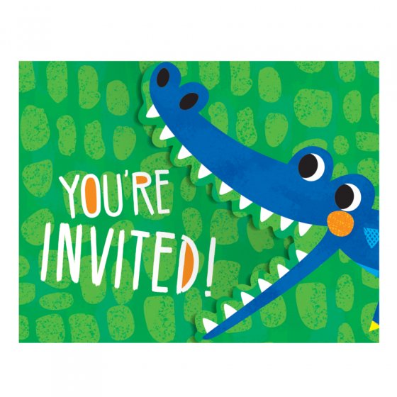 Playful alligator gatefold party invitations (11cm x 14cm) in a pack of 8, perfect for jungle-themed celebrations.