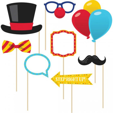 Colorful Carnival Decor Photo Booth Kit with props and 137cm x 182cm backdrop for fun party photo sessions.