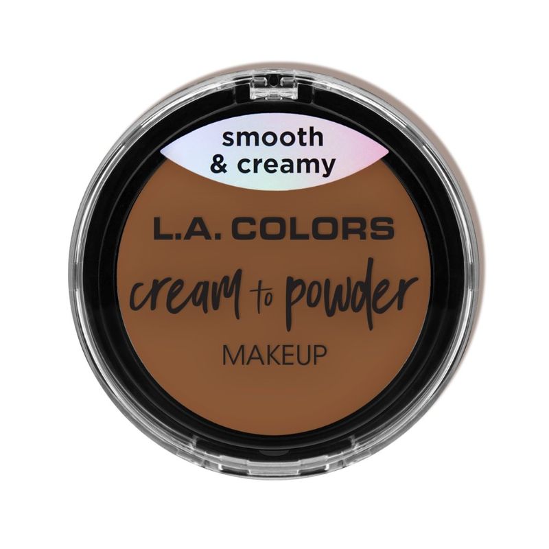 LA Colors Cream to Powder in Tan: lightweight foundation offering full coverage with a smooth powder finish, includes sponge and mirror.