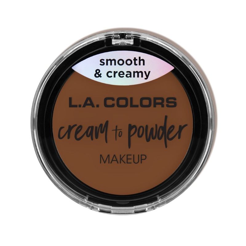 LA Colors Cream to Powder in Caramel offers full coverage with a lightweight finish, includes sponge and mirror for easy touch-ups.