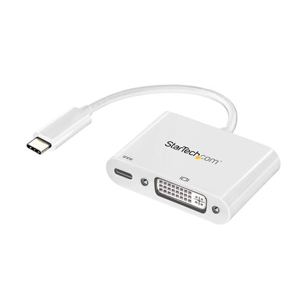 USB-C to DVI adapter in white, supports 1920x1200 resolution with USB Power Delivery for charging while outputting video.