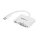 USB-C to DVI adapter in white, supports 1920x1200 resolution with USB Power Delivery for charging while outputting video.