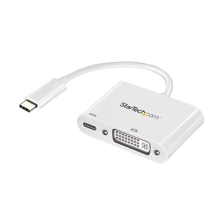 USB-C to DVI adapter in white, supports 1920x1200 resolution with USB Power Delivery for charging while outputting video.