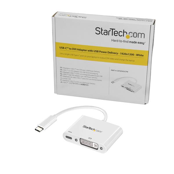 USB-C to DVI adapter in white, supports 1920 x 1200 resolution, enables charging while outputting video, portable design.