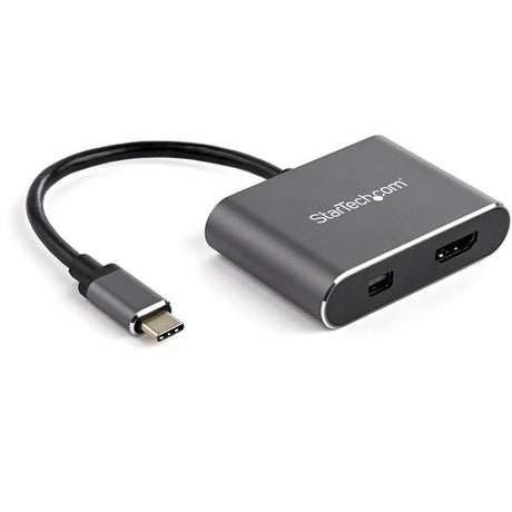 USB-C Multiport Video Adapter in Space Gray with HDMI and Mini DisplayPort outputs for 4K HDR video connectivity.