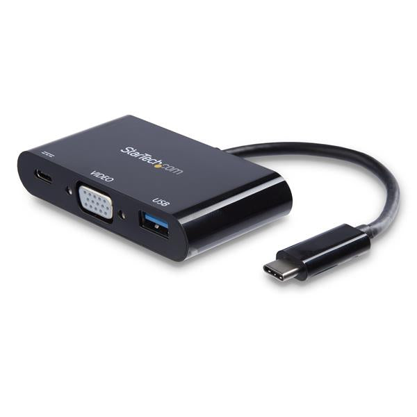 USB-C to VGA Multifunction Adapter with Power Delivery, USB-A port; connects displays, charges laptops, and enhances productivity.