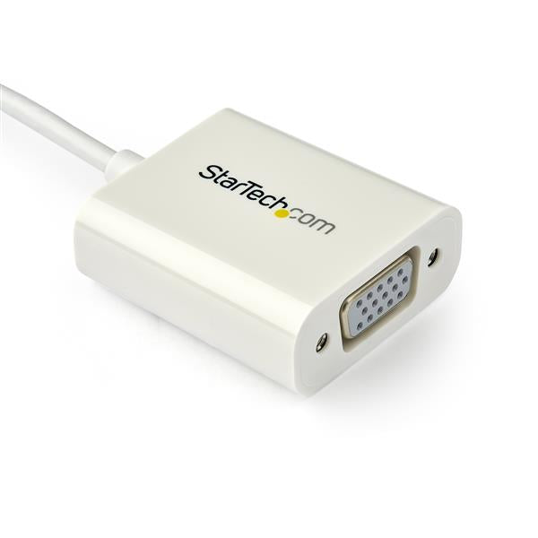 USB-C to VGA Adapter in white, compact design for high-definition video output up to 1920x1200, ideal for travel and presentations.