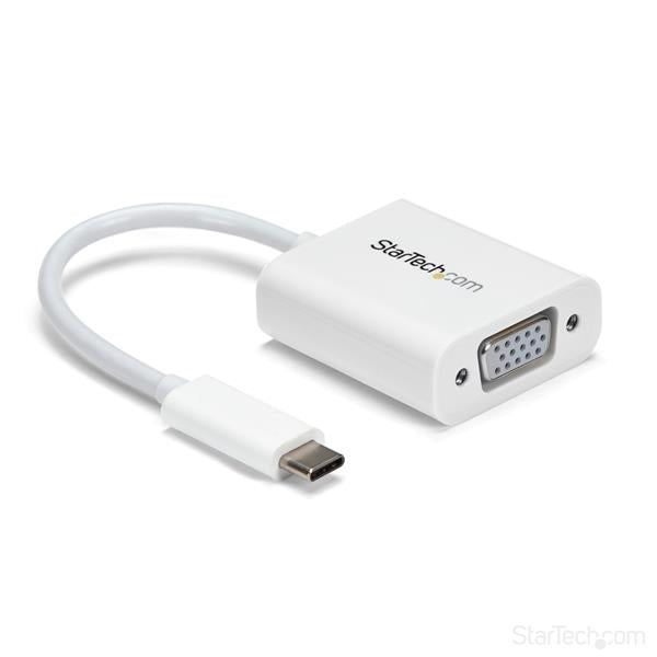 USB-C to VGA adapter in white, compact design for easy travel, supports 1920x1200 resolution, plug-and-play setup.