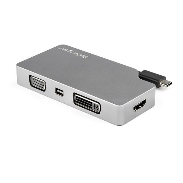 USB-C Multiport Video Adapter featuring 4-in-1 connectivity for 4K 60Hz HDMI, DVI, VGA, and Mini DisplayPort displays.