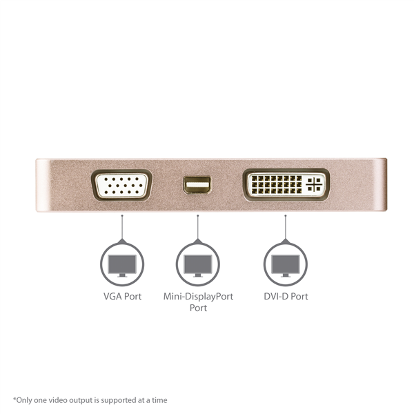 Rose gold USB-C multiport adapter with VGA, DVI, HDMI, and Mini DisplayPort for seamless video connectivity and UHD 4K support.