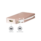 Rose gold USB-C multiport adapter featuring HDMI, VGA, DVI, and Mini DisplayPort outputs for UHD 4K video connectivity.