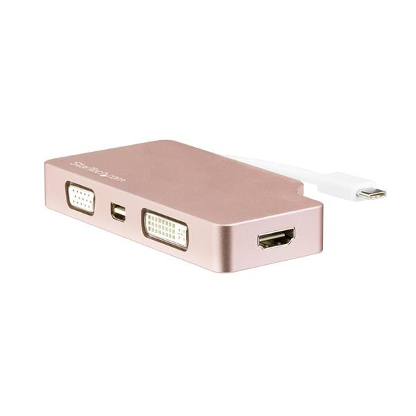 Rose gold USB-C multiport video adapter with HDMI, VGA, DVI, and Mini DisplayPort outputs for UHD 4K video connectivity.