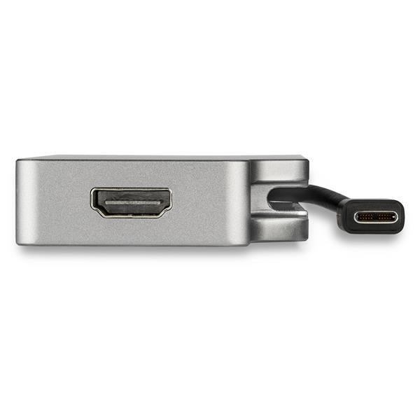 USB-C Multiport Video Adapter in Space Gray, connecting devices to HDMI, VGA, DVI, and Mini DisplayPort for 4K visuals.