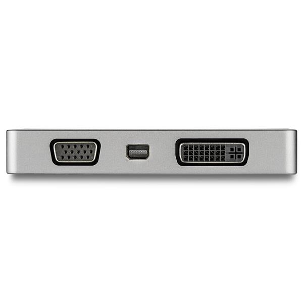 USB-C Multiport Video Adapter in space gray, offering VGA, DVI, HDMI, and Mini DisplayPort connections for seamless display integration.