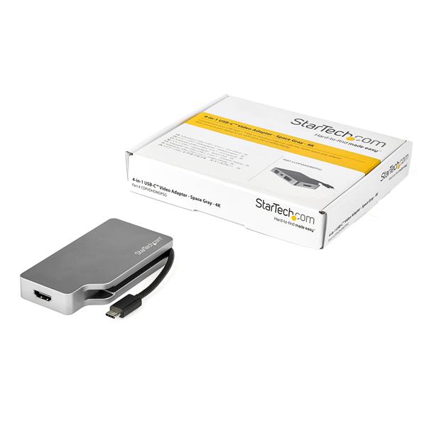 USB-C Multiport Video Adapter in Space Gray, offering VGA, DVI, HDMI, and Mini DisplayPort connectivity for stunning visuals.