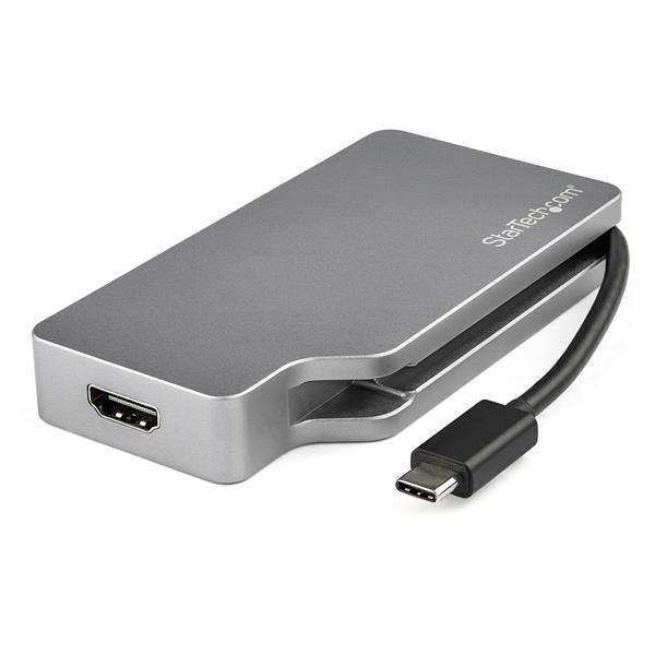 USB-C Multiport Video Adapter in space gray, allowing VGA, DVI, HDMI, and Mini DisplayPort connections for versatile display options.