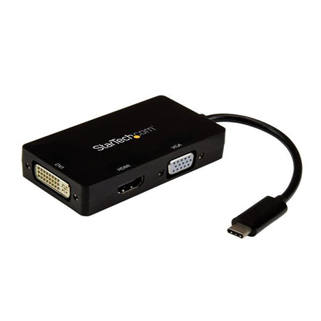 USB-C Multiport Adapter displaying HDMI, DVI, and VGA outputs for seamless connectivity with UHD 4K support.