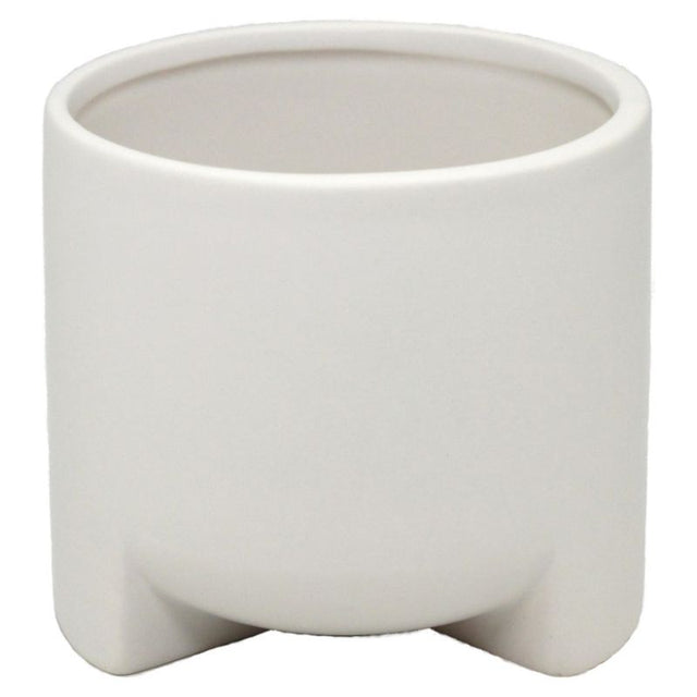 Round ceramic pot with feet in matte white, perfect for indoor/outdoor plants with an elegant and functional design.