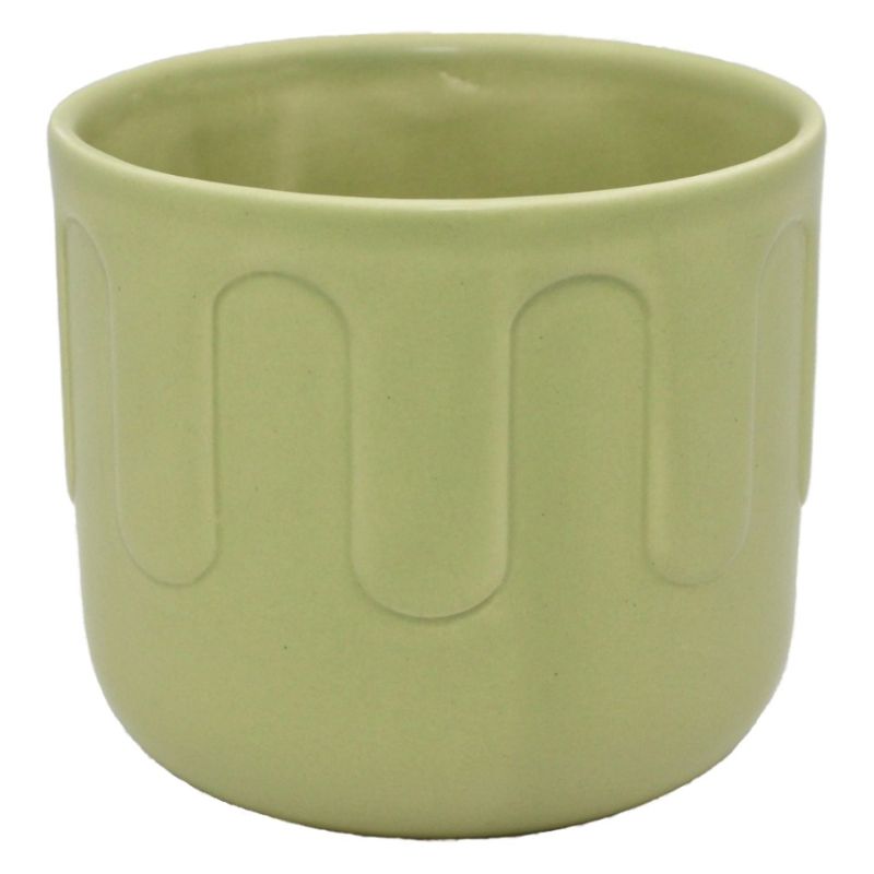 Round ceramic pot in matt green with drip pattern, perfect for succulents and small plants, measuring D13.2x11.4cmH.